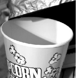 嘉禾萬柳影城所出售規格為64oz的中爆米花紙桶(內側)在紫外分析儀下呈自然乳白色。 本報記者 胡笑紅 攝